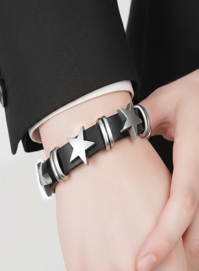BOHUIZ Punk Leather Bracelets, Rock Alloy Star Studded Bracelet Belt, Vintage Leather Cuff Wristband with Belt Buckle Gothic Rock Bracelets Black Cuff Wristband for Women and Men(Black) - Image 3